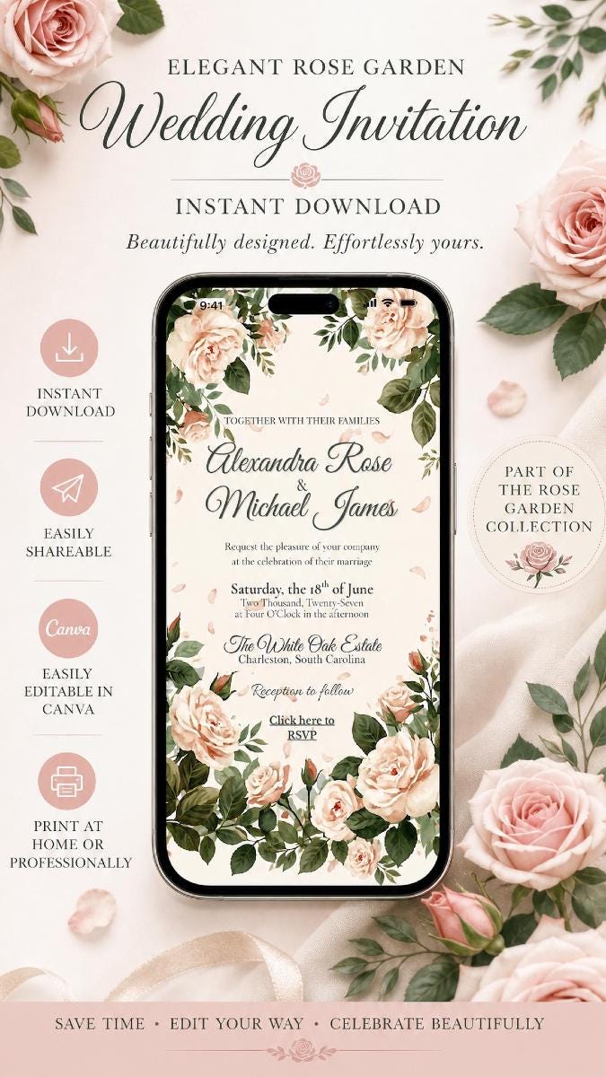 Animated Rose Wedding Invitation | Editable Canva Mobile Wedding Invite | Floral Digital Invitation | Rose Garden Collection