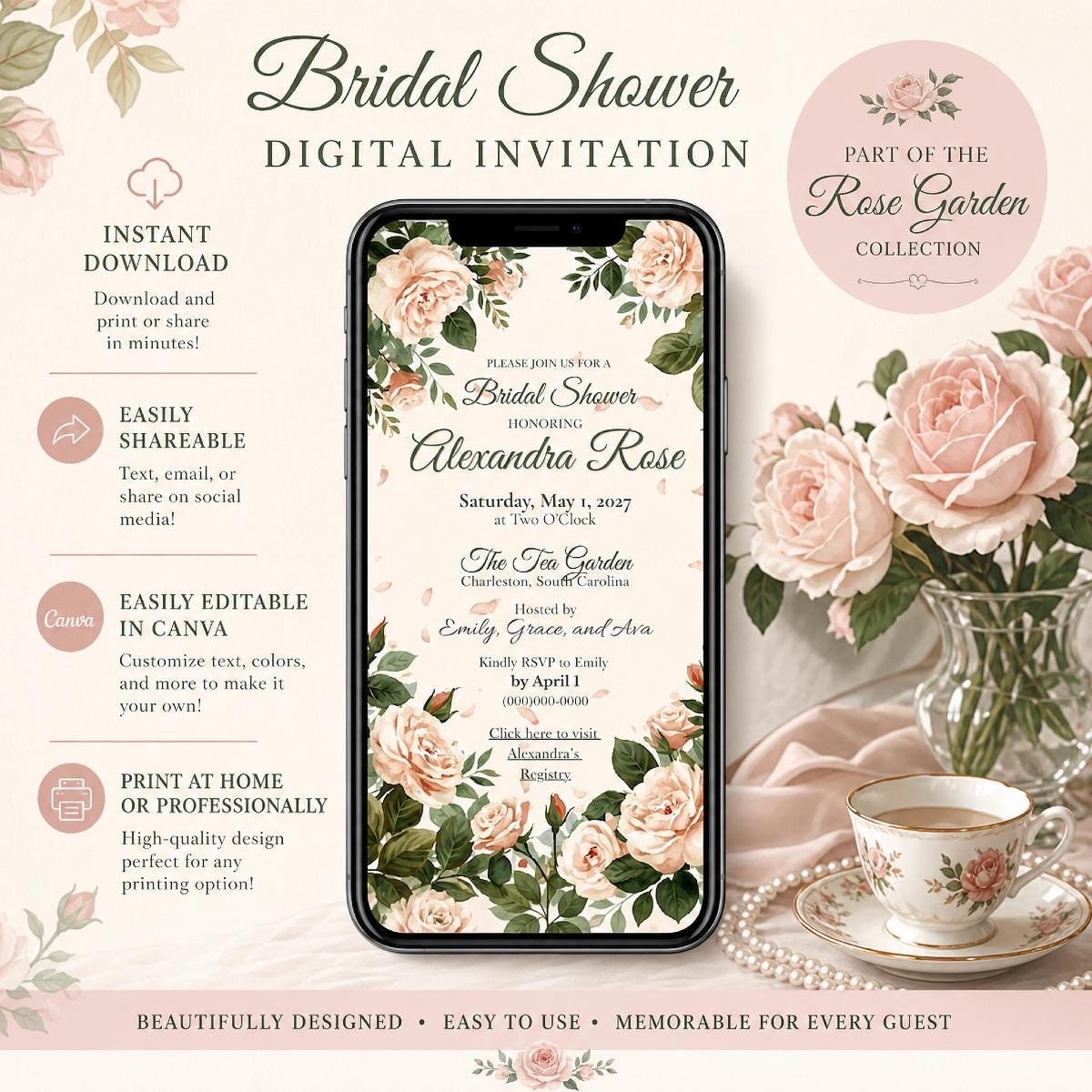 Animated Rose Bridal Shower Invitation | Editable Canva Mobile Invite | Floral Digital Invitation | Rose Garden Collection