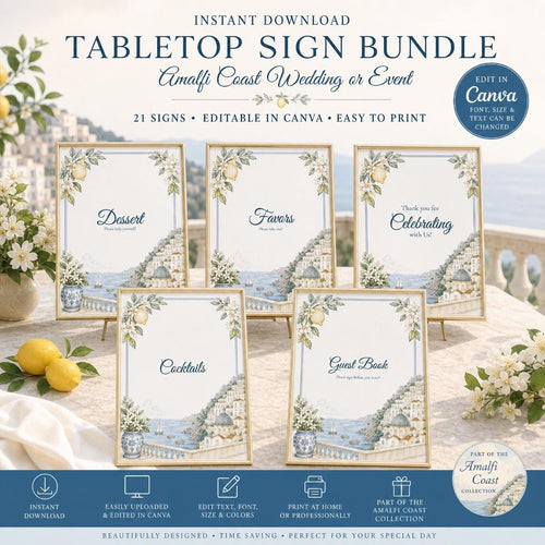 Editable Amalfi Coast Wedding Signs Bundle | 21 Reception Table Signs | Italian Lemon Wedding Decor | Printable Canva Templates