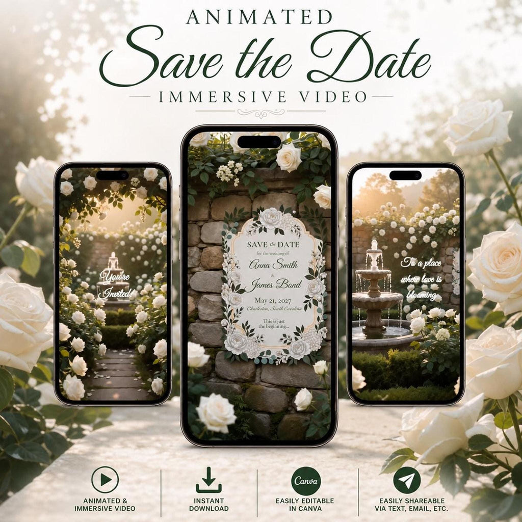 Cinematic White Garden Save the Date, Editable Canva Template for Luxury Floral Weddings
