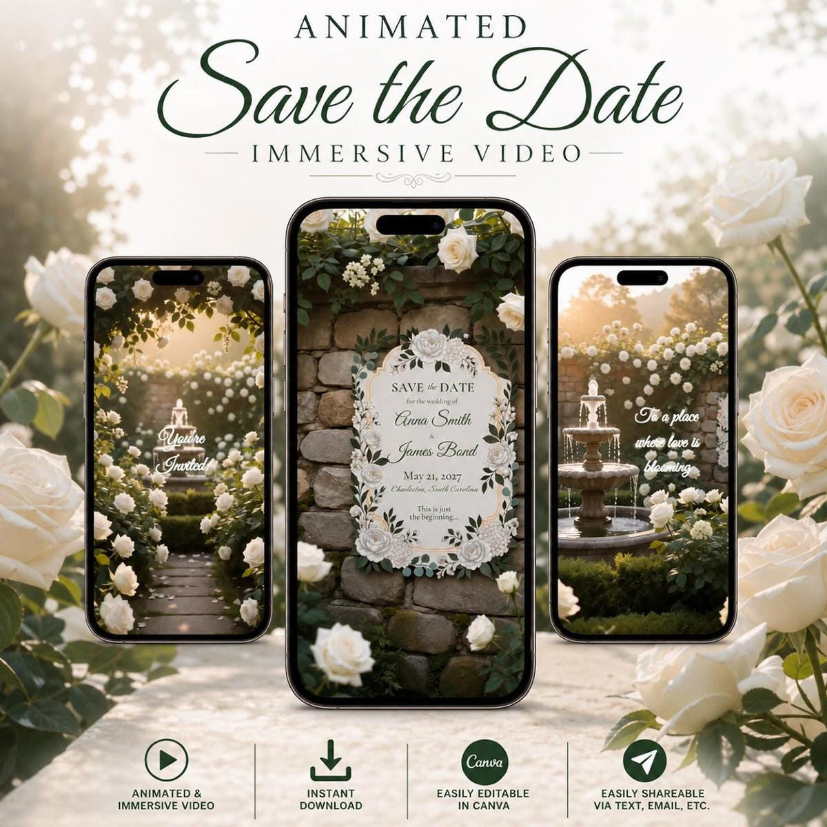Cinematic White Garden Save the Date, Editable Canva Template for Luxury Floral Weddings