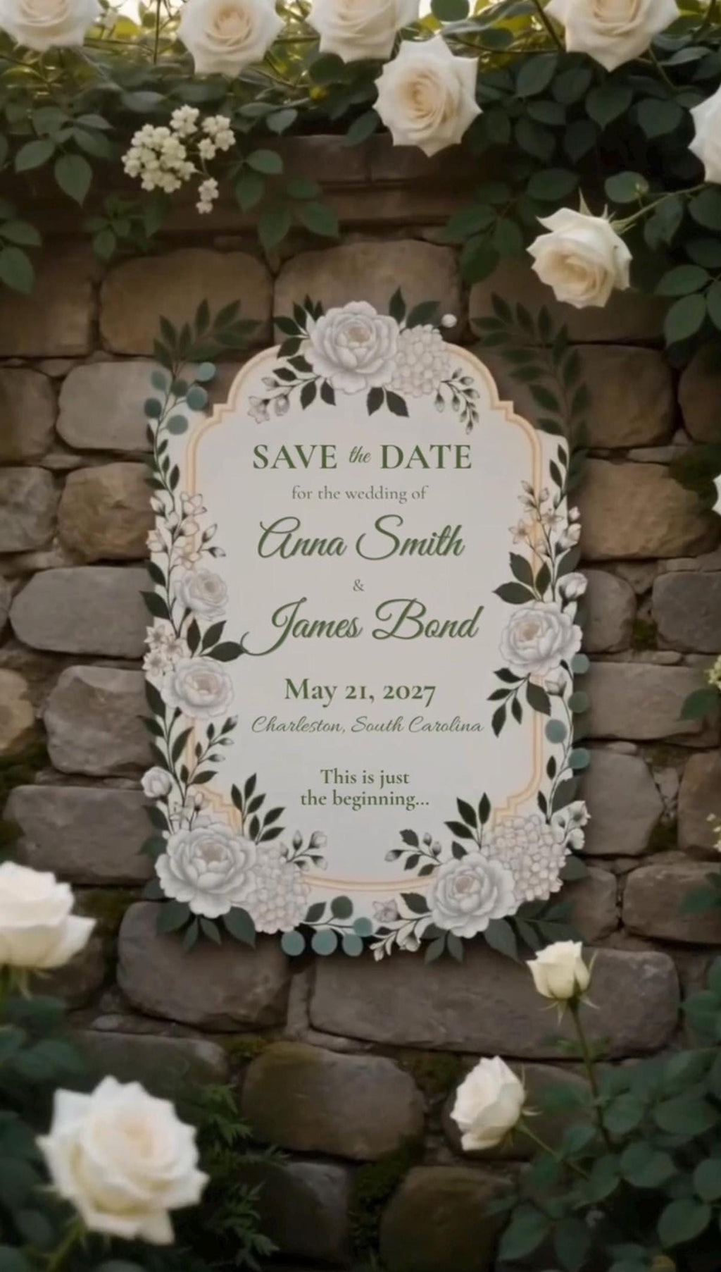 Cinematic White Garden Save the Date, Editable Canva Template for Luxury Floral Weddings