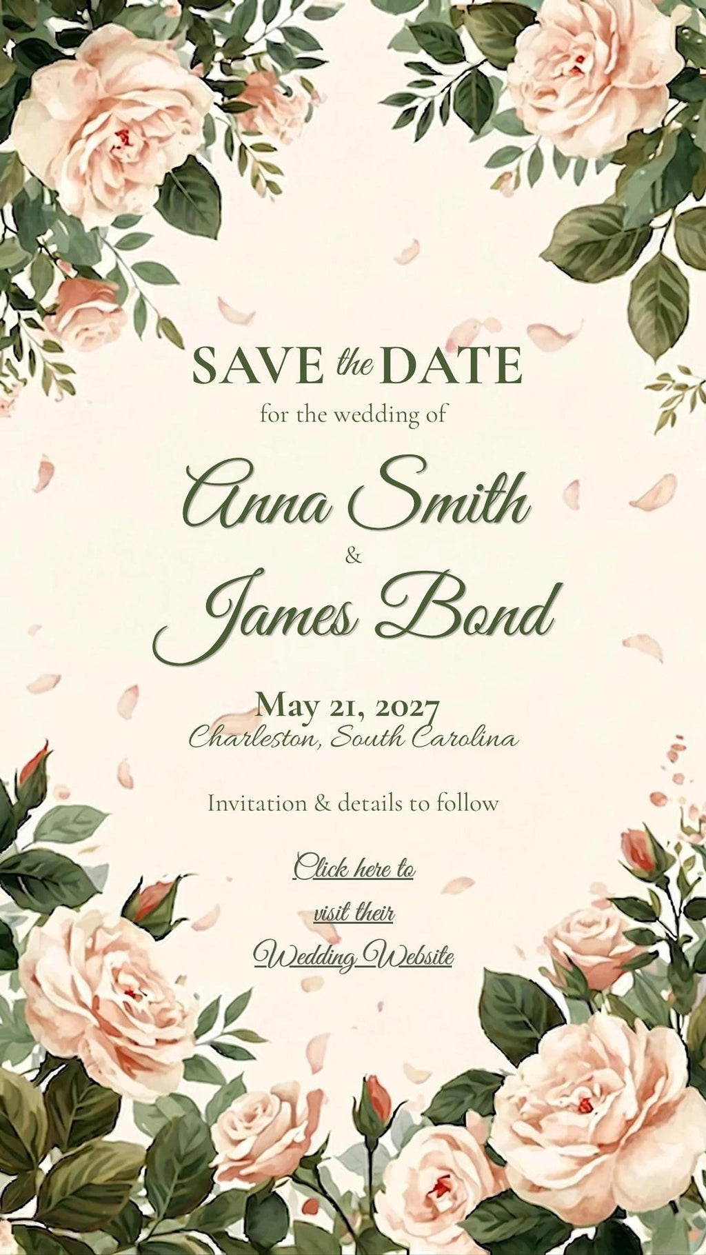 Animated Wedding Save the Date Template, Editable Canva Design with Floral Rose Garden Artwork