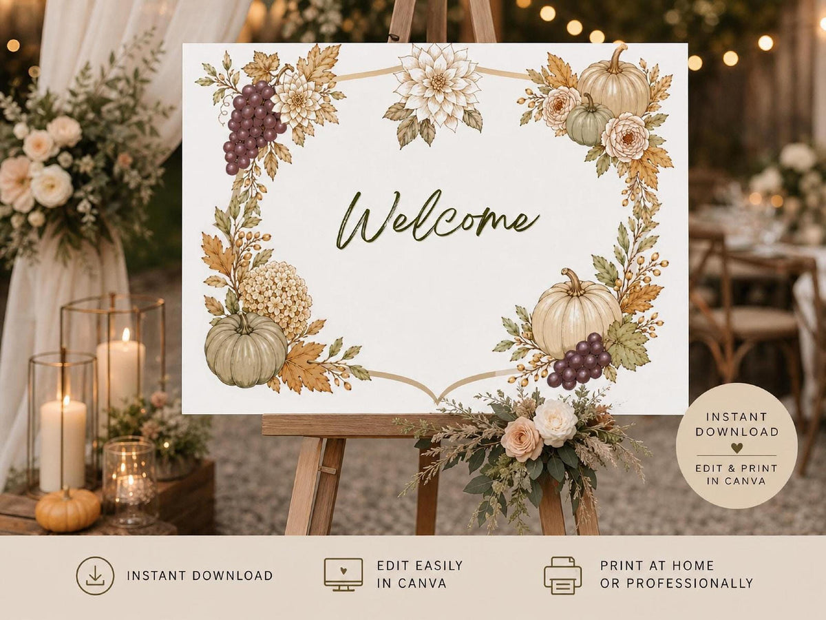 Editable Autumn Harvest Wedding Welcome Sign Bundle, 2 Canva Templates for Fall