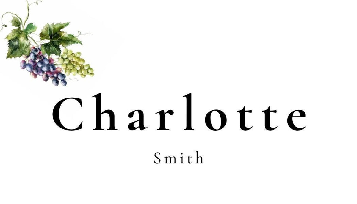 A white background with the name "Charlotte Smith" in black serif font, and a watercolor illustration of purple grapes and green leaves in the top left corner.