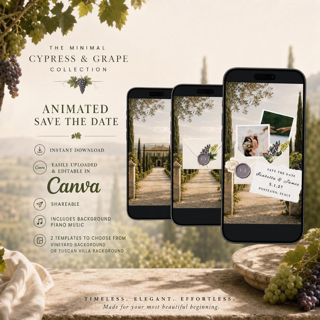 Three smartphones display digital wedding invitations with a vineyard path background, showing an envelope with a wax seal, and a save-the-date card with photos and text, on a stone ledge.