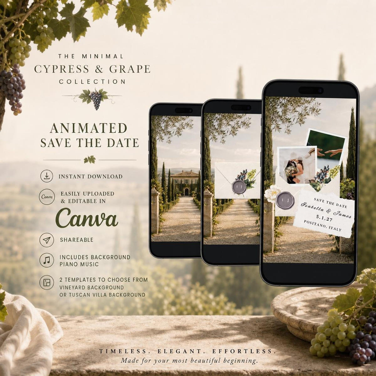 Three smartphones display digital wedding invitations with a vineyard path background, showing an envelope with a wax seal, and a save-the-date card with photos and text, on a stone ledge.