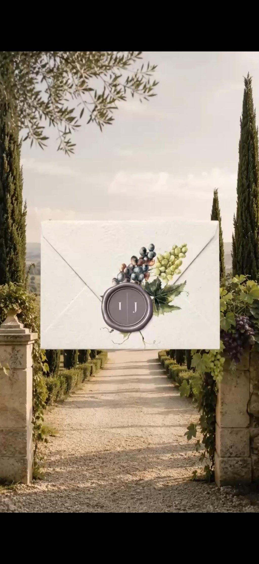 A digital wedding invitation envelope with a purple wax seal and grape cluster illustration is centered over a vineyard path background.