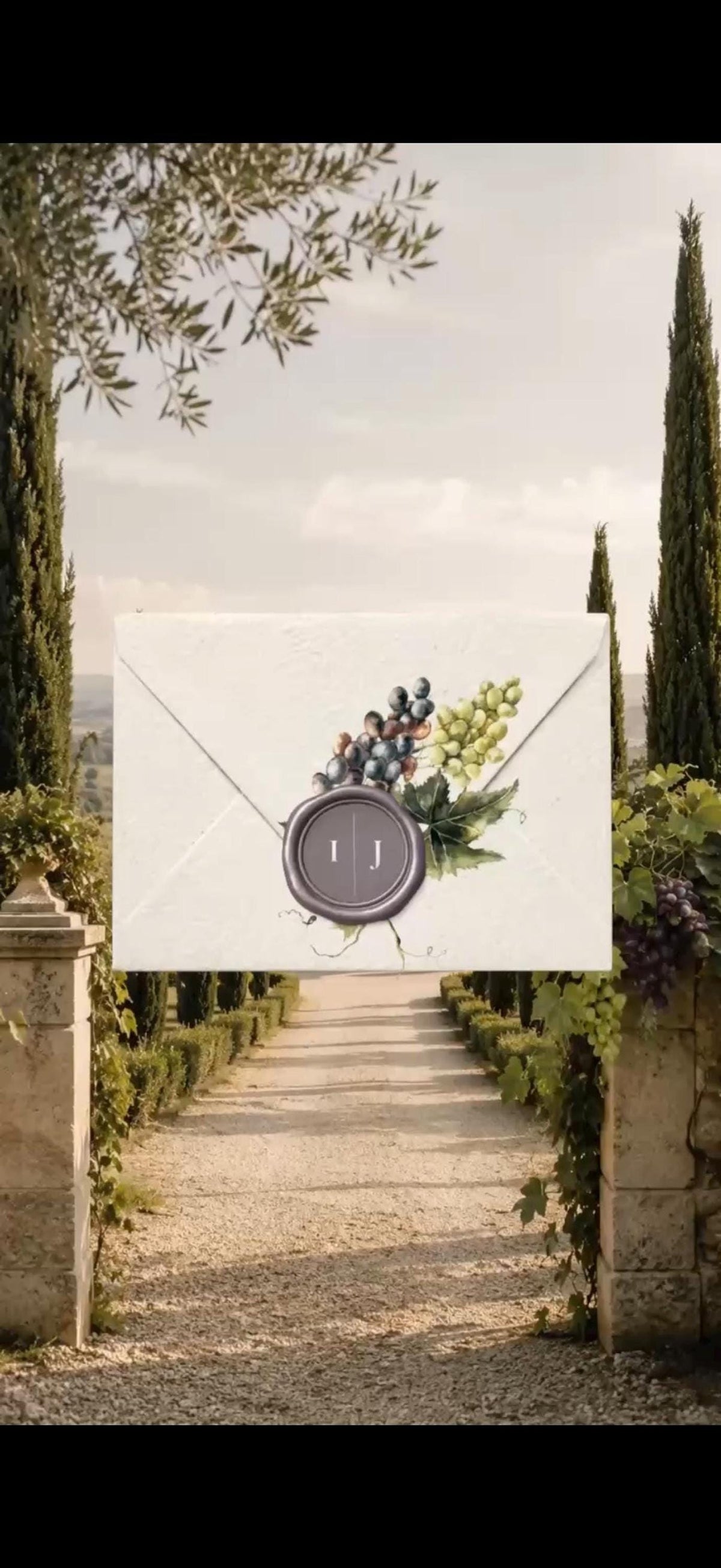A digital wedding invitation envelope with a purple wax seal and grape cluster illustration is centered over a vineyard path background.
