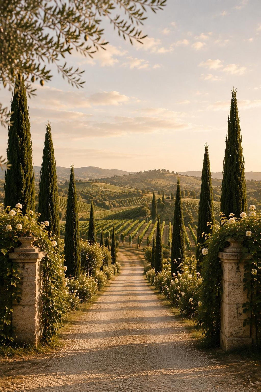 A long, winding gravel path lined with tall, slender cypress trees and white flowering bushes leads through a vineyard landscape under a soft, cloudy sky.