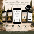 Five smartphones display animated wedding invitation videos, with text overlay "ANIMATED WEDDING INVITATIONS, THE MINIMAL CYPRESS & GRAPE COLLECTION."