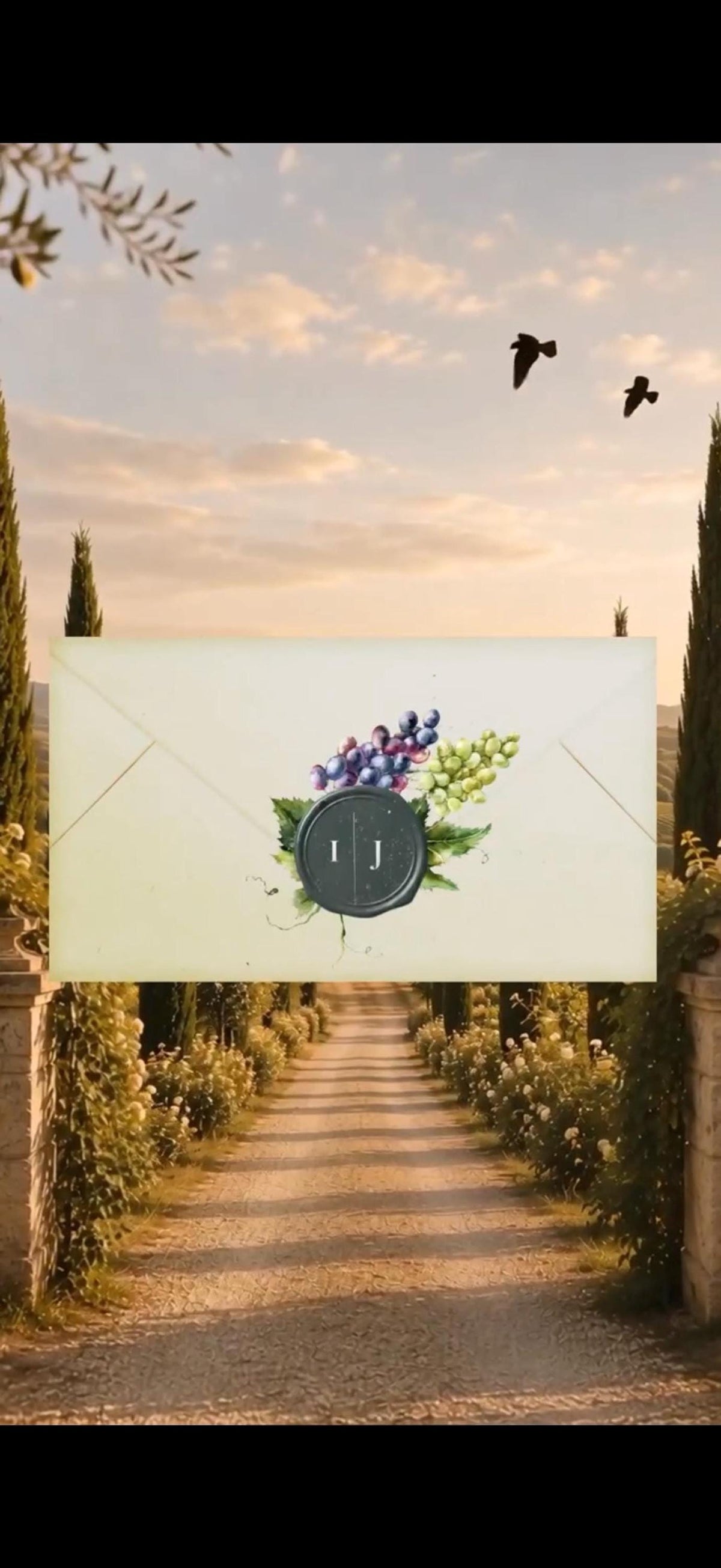 A digital envelope with a grape cluster and "IJ" wax seal is centered on a background of a cypress-lined path with birds flying.