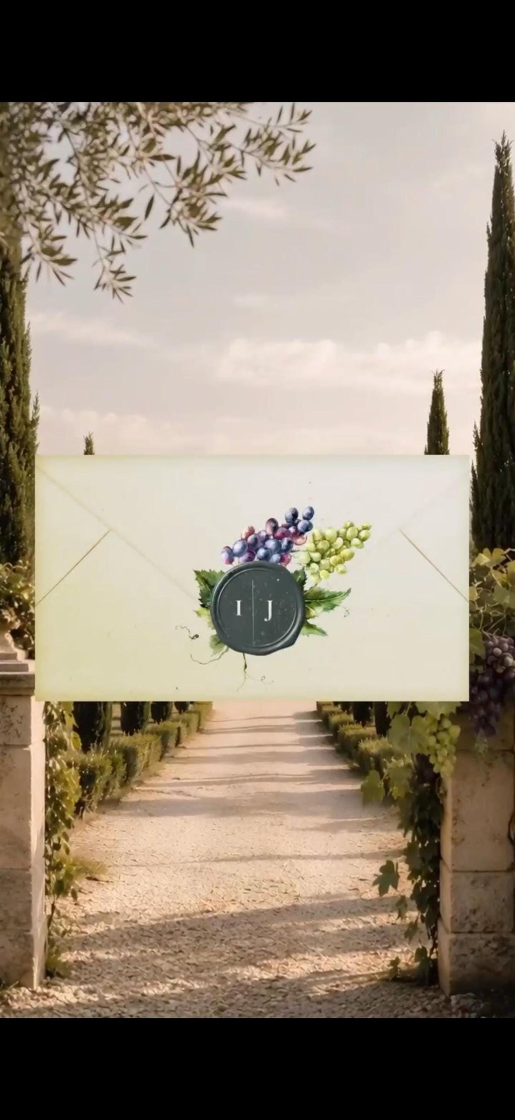 A digital envelope with a grape cluster and "IJ" wax seal is centered on a background of a cypress-lined path.