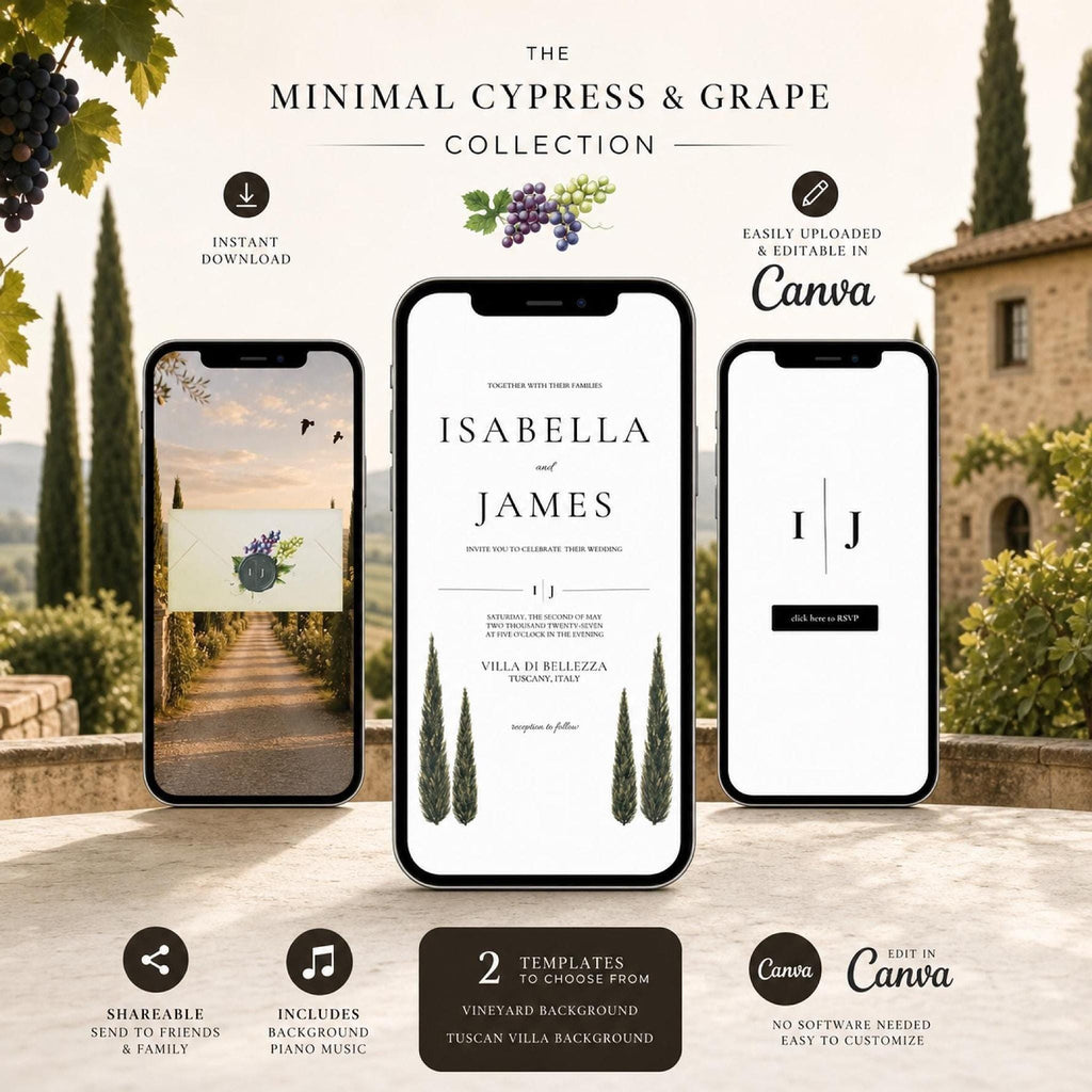 Three smartphones show different screens of a wedding invitation, with text overlay "THE MINIMAL CYPRESS & GRAPE COLLECTION."