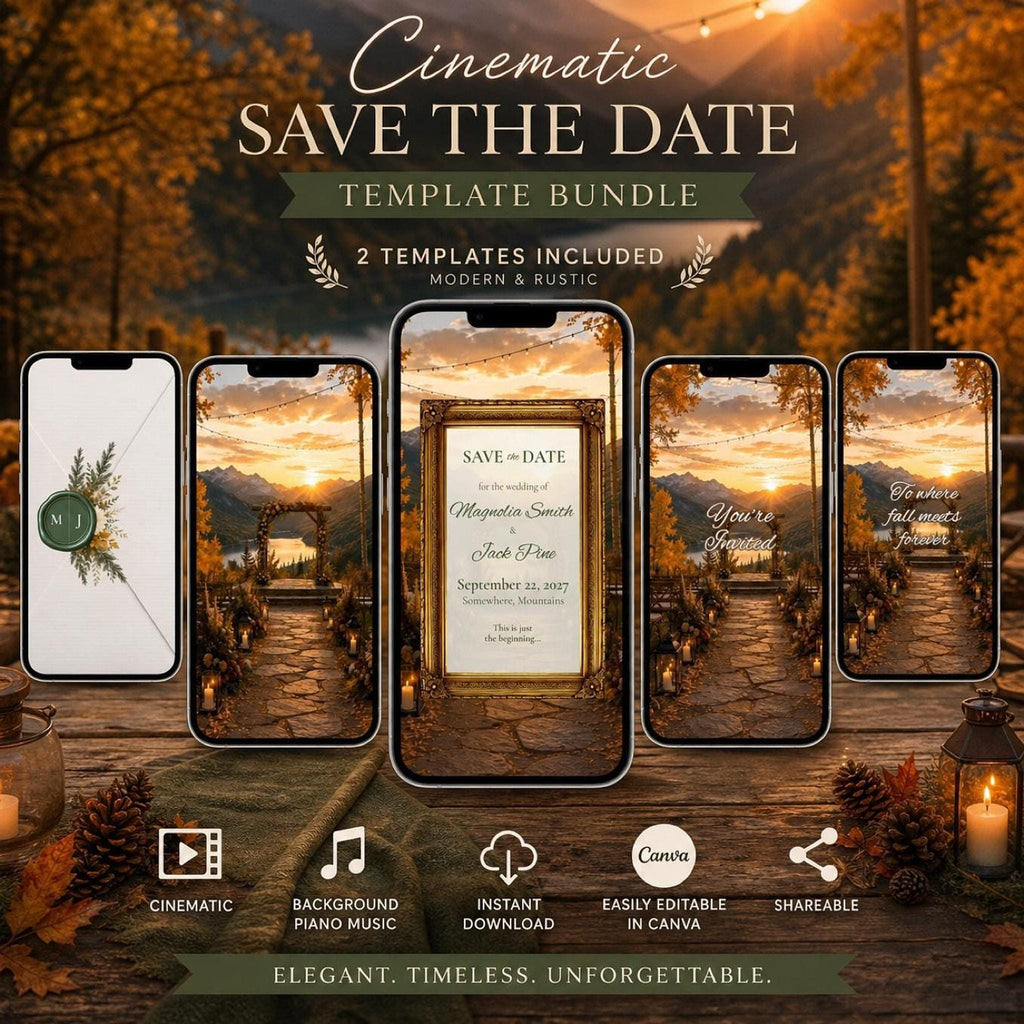 Five smartphones display fall wedding invitation templates, with text "Cinematic Save the Date Template Bundle" and feature icons.