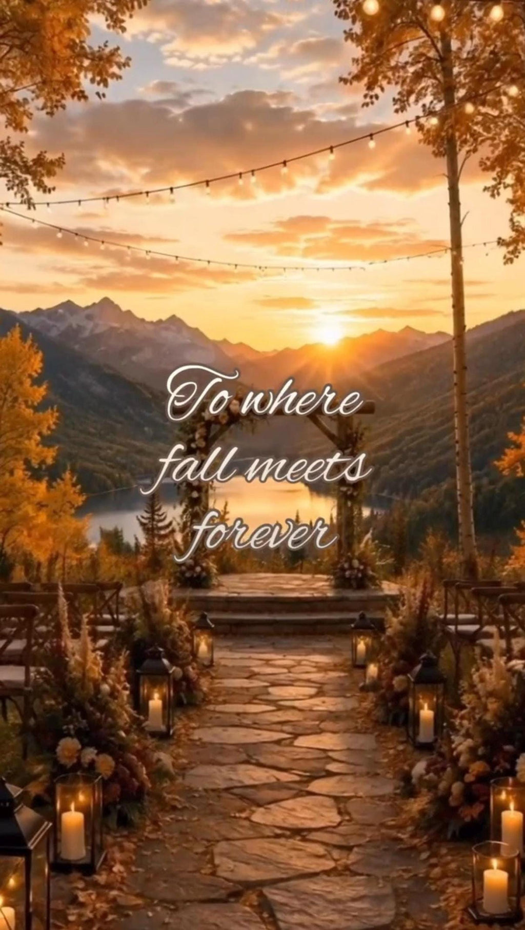 A stone path leads to a wedding arch with "To where fall meets forever" text overlay, overlooking a lake and mountains at sunset, with lanterns and chairs lining the aisle.