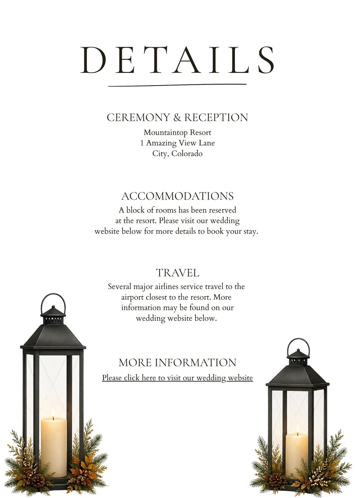A white wedding details card with black text, flanked by two black lanterns with lit candles and pine foliage at their bases.