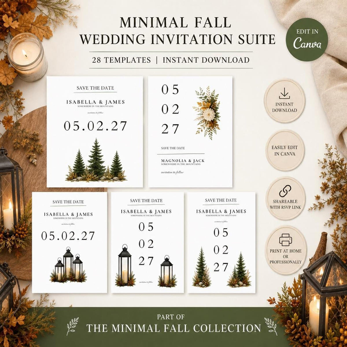 A flat lay of various wedding invitation suite cards, some with evergreen trees, lanterns, or floral accents, surrounded by candles and autumn foliage.