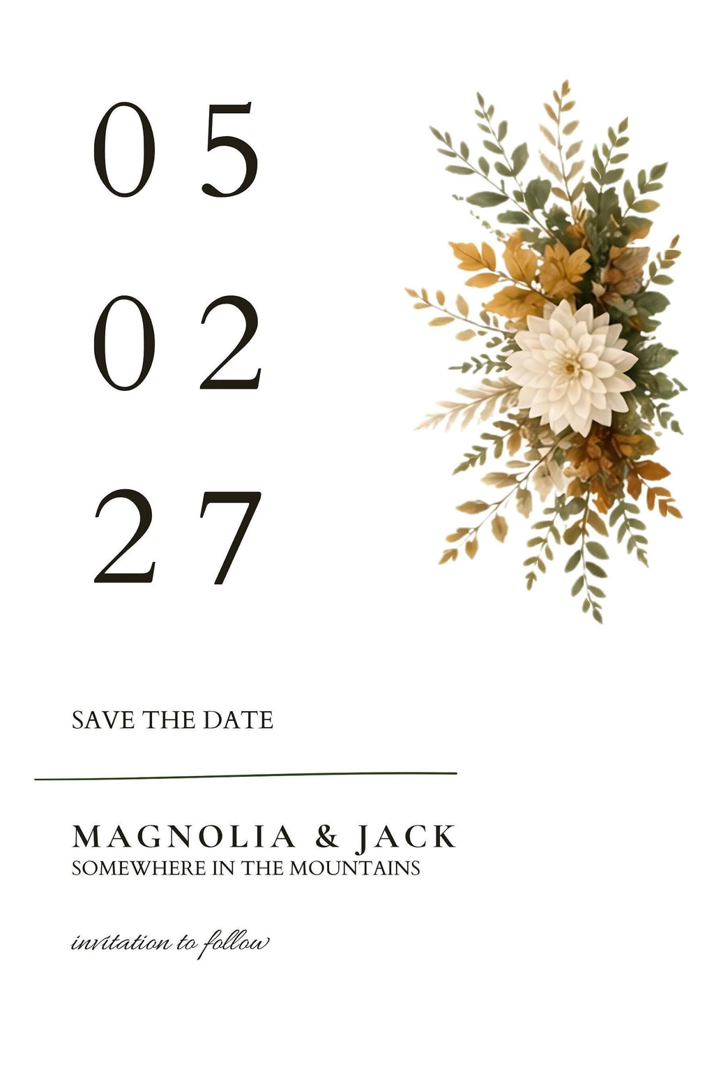 A white save the date card with "05 02 27" and "Magnolia & Jack" text, adorned with a floral arrangement of white flowers and green and brown leaves.