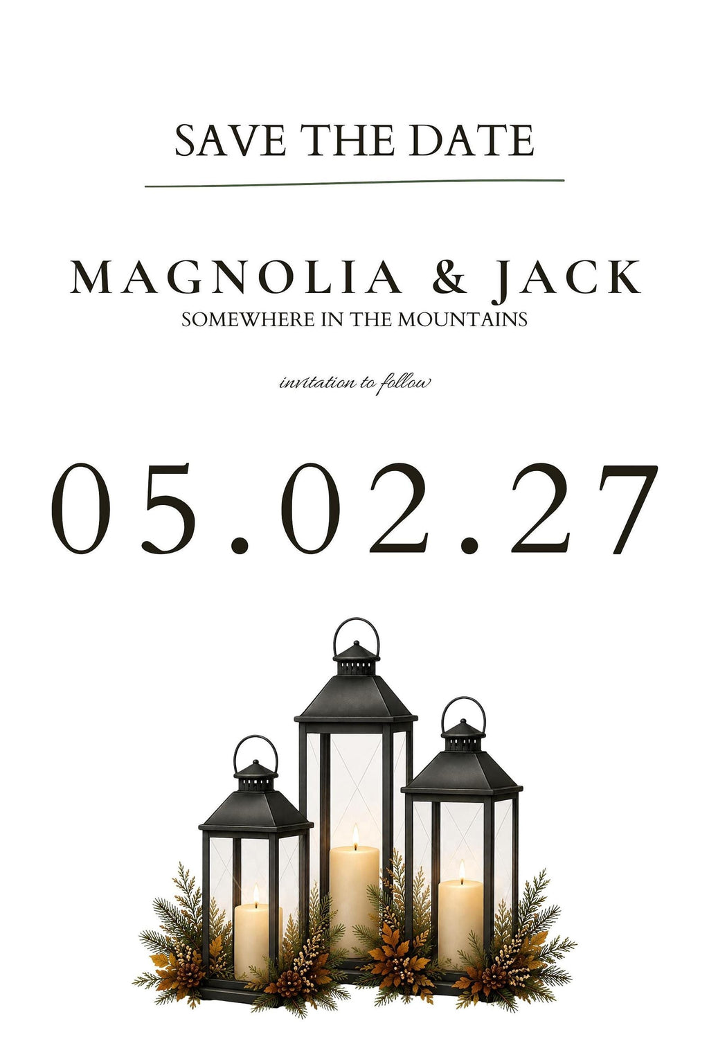 A white save the date card with "05.02.27" and "Magnolia & Jack" text, with three black lanterns with lit candles at the bottom.