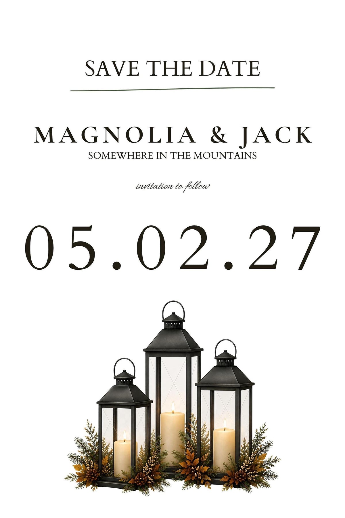 A white save the date card with "05.02.27" and "Magnolia & Jack" text, with three black lanterns with lit candles at the bottom.
