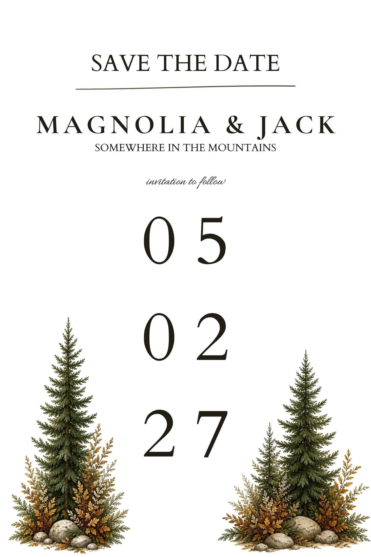 A white save the date card with "05 02 27" and "Magnolia & Jack" text, flanked by two evergreen trees with autumn foliage at their bases.