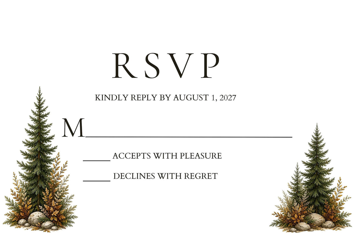 A white RSVP card with black text and blank lines, featuring a pine tree and dried foliage on the left and right sides.