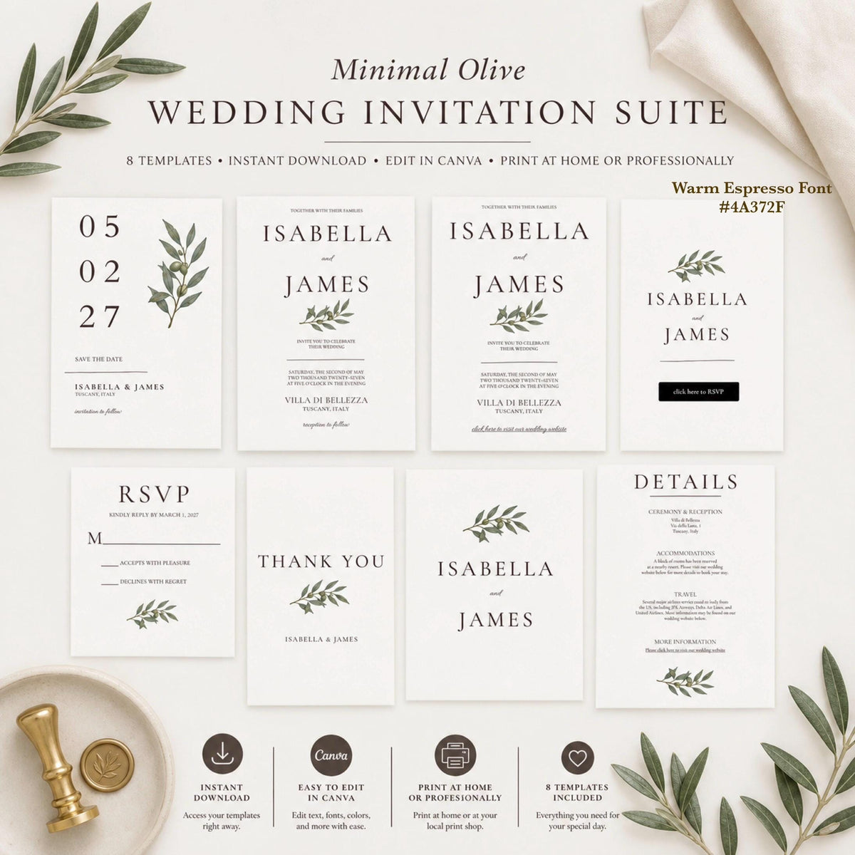 Minimal Olive Wedding Invitation Suite, Editable Canva Templates with RSVP and Details