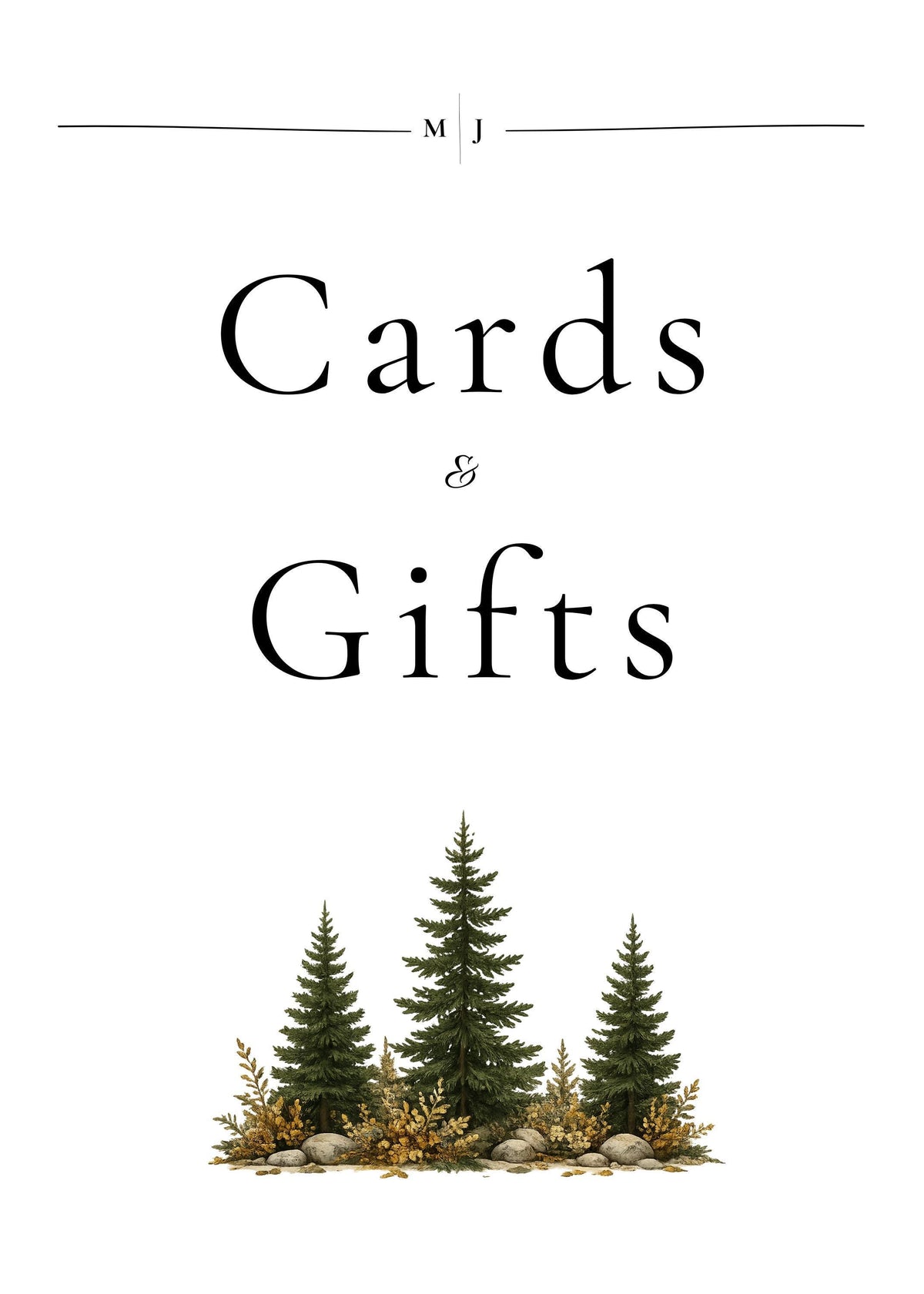 A white sign with a thin black line under the letters "M J" at the top, and the text "Cards & Gifts" in black, with three green pine trees and brown foliage at the bottom.