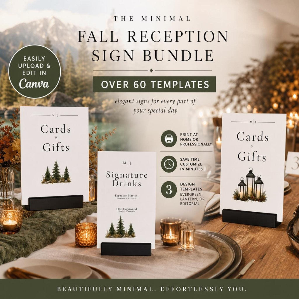 Two white cards with black bases on a table with autumn decor, reading "Cards & Gifts" with a green tree graphic, and "Signature Drinks" with a lantern graphic.