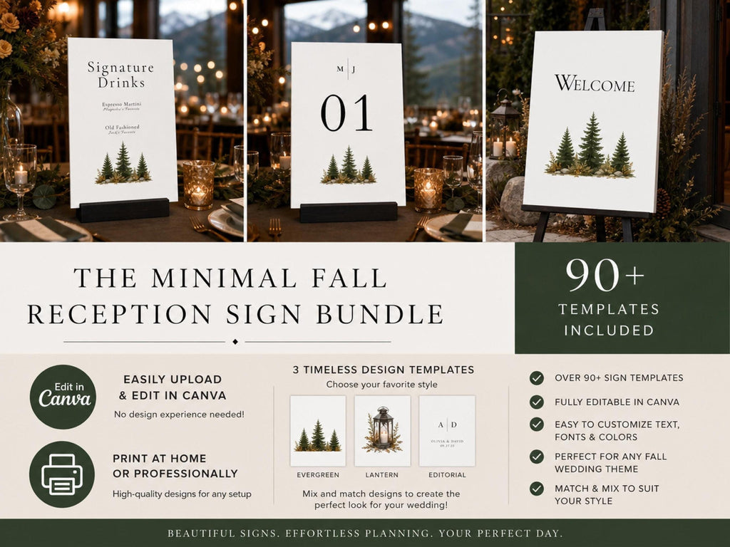 Three white cards with black bases, reading "Signature Drinks," "01," and "Welcome," all with green tree graphics, on a table with autumn decor.