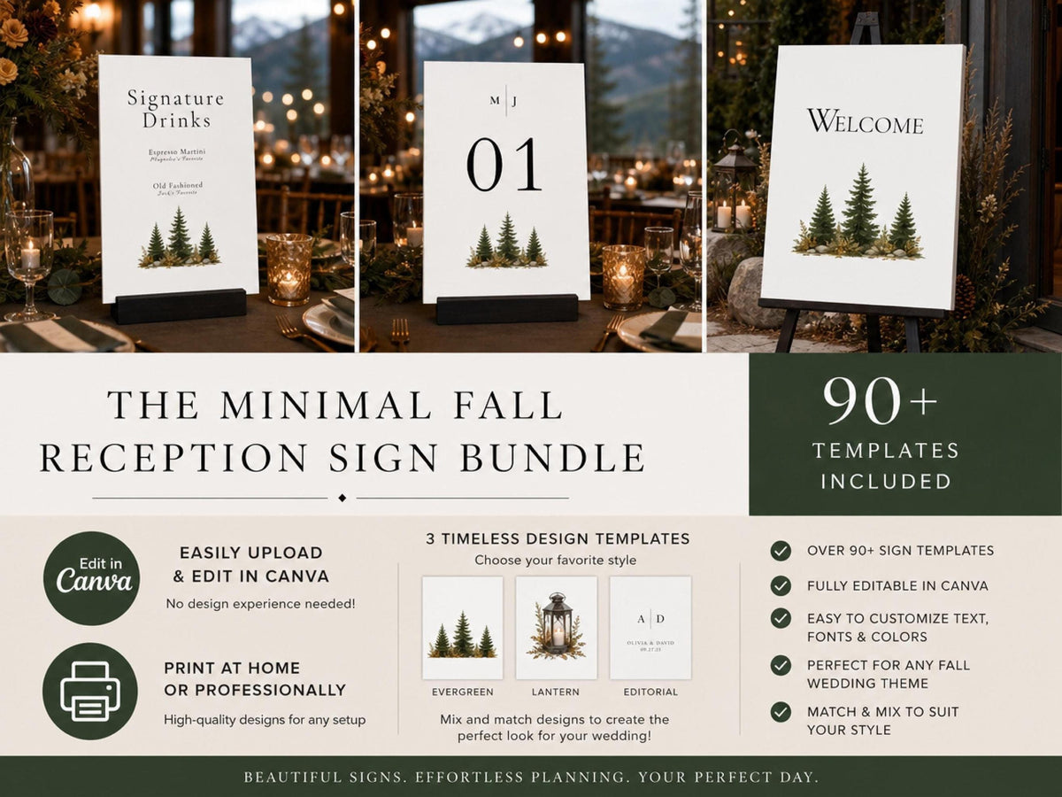 Three white cards with black bases, reading "Signature Drinks," "01," and "Welcome," all with green tree graphics, on a table with autumn decor.