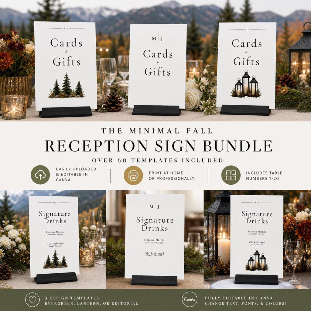 Three white cards with black bases on a table with autumn decor, reading "Cards & Gifts" with a green tree graphic, and "M J" at the top.