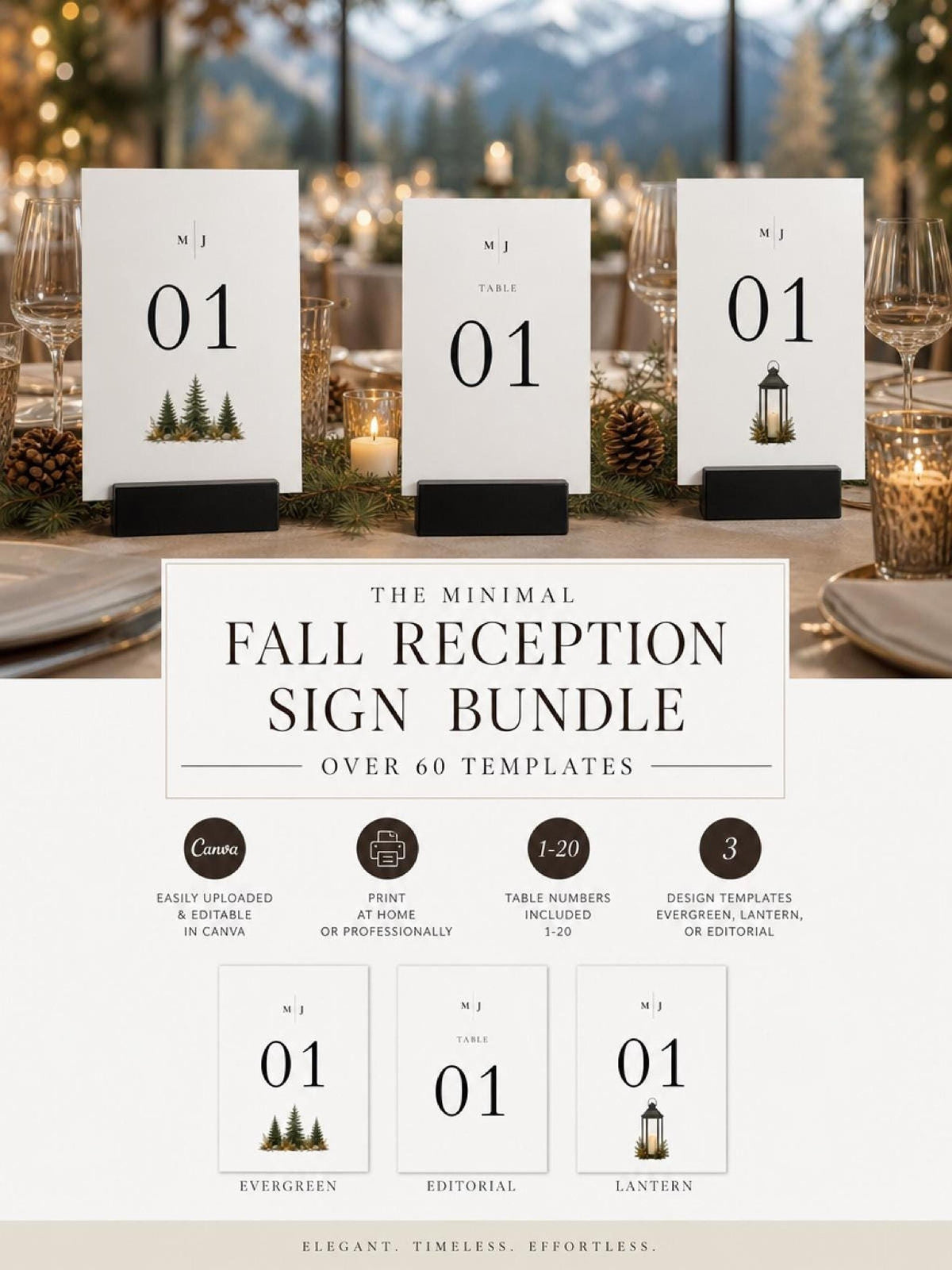Three white cards with black bases, reading "01" with a green tree graphic, on a table with autumn decor.