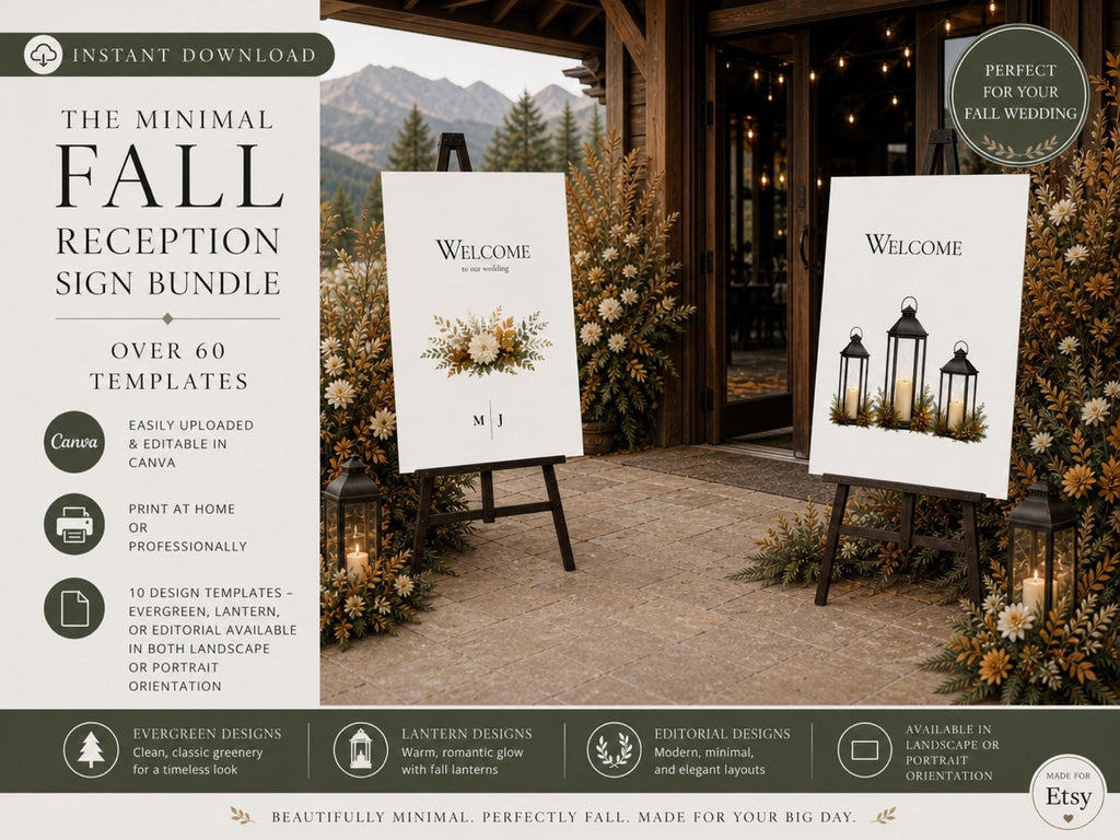 Two white welcome signs on easels, one with a floral graphic and the other with a lantern graphic, in an outdoor autumn setting.