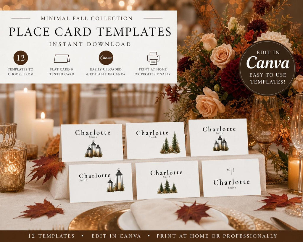 A product photo showing eight white place cards with various designs, including pine trees and lanterns, arranged on a table with fall decor.