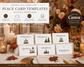 A product photo showing eight white place cards with various designs, including pine trees and lanterns, arranged on a table with fall decor.