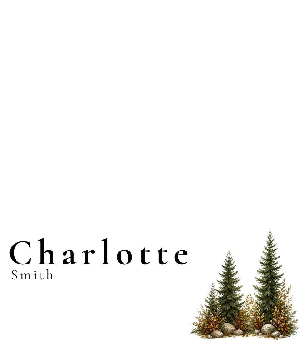 A white place card with the name "Charlotte Smith" in black text, with two green pine trees and brown foliage at the bottom right.