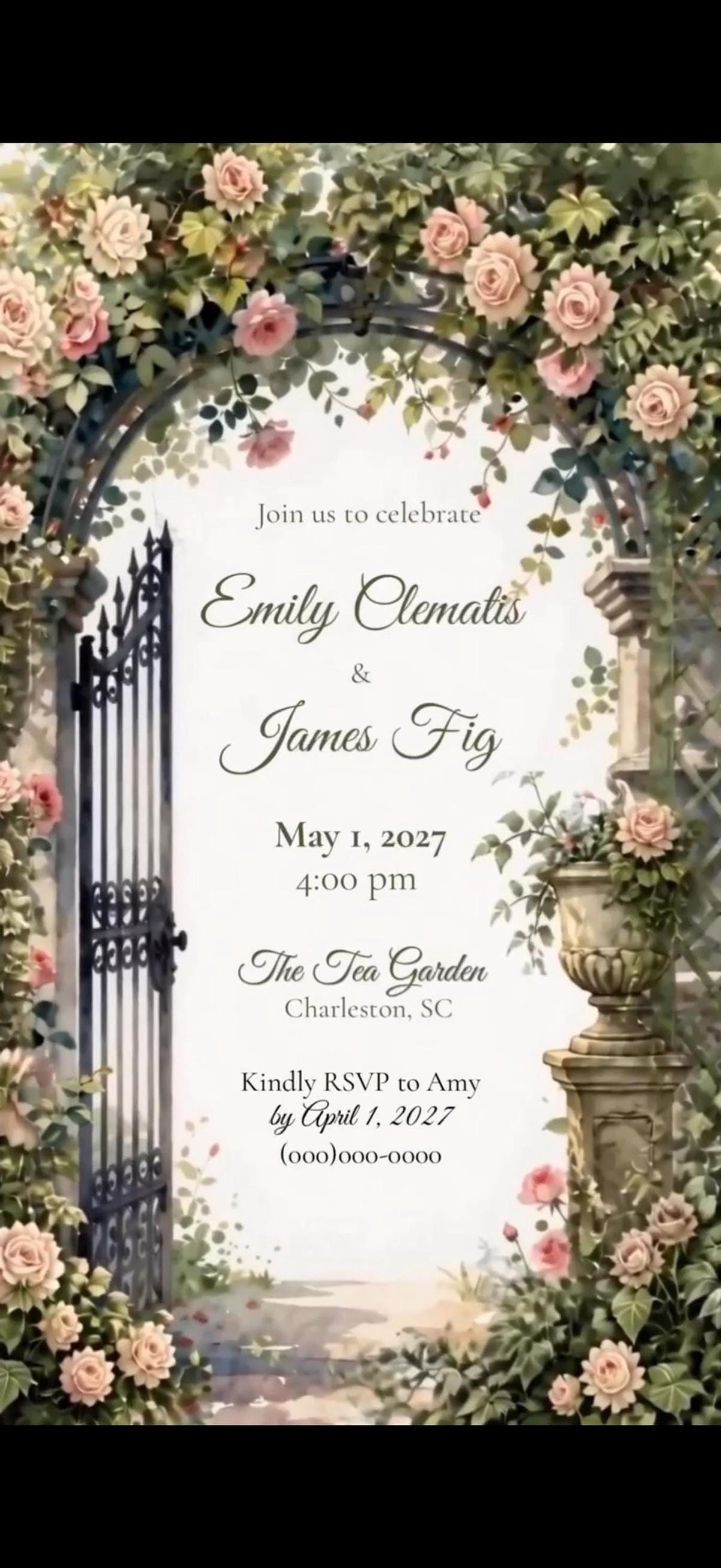A digital invitation with a garden background, featuring a wrought iron gate and floral arch, displaying event details for "Emily Clematis & James Fig" on "May 1, 2027" at "The Tea Garden."
