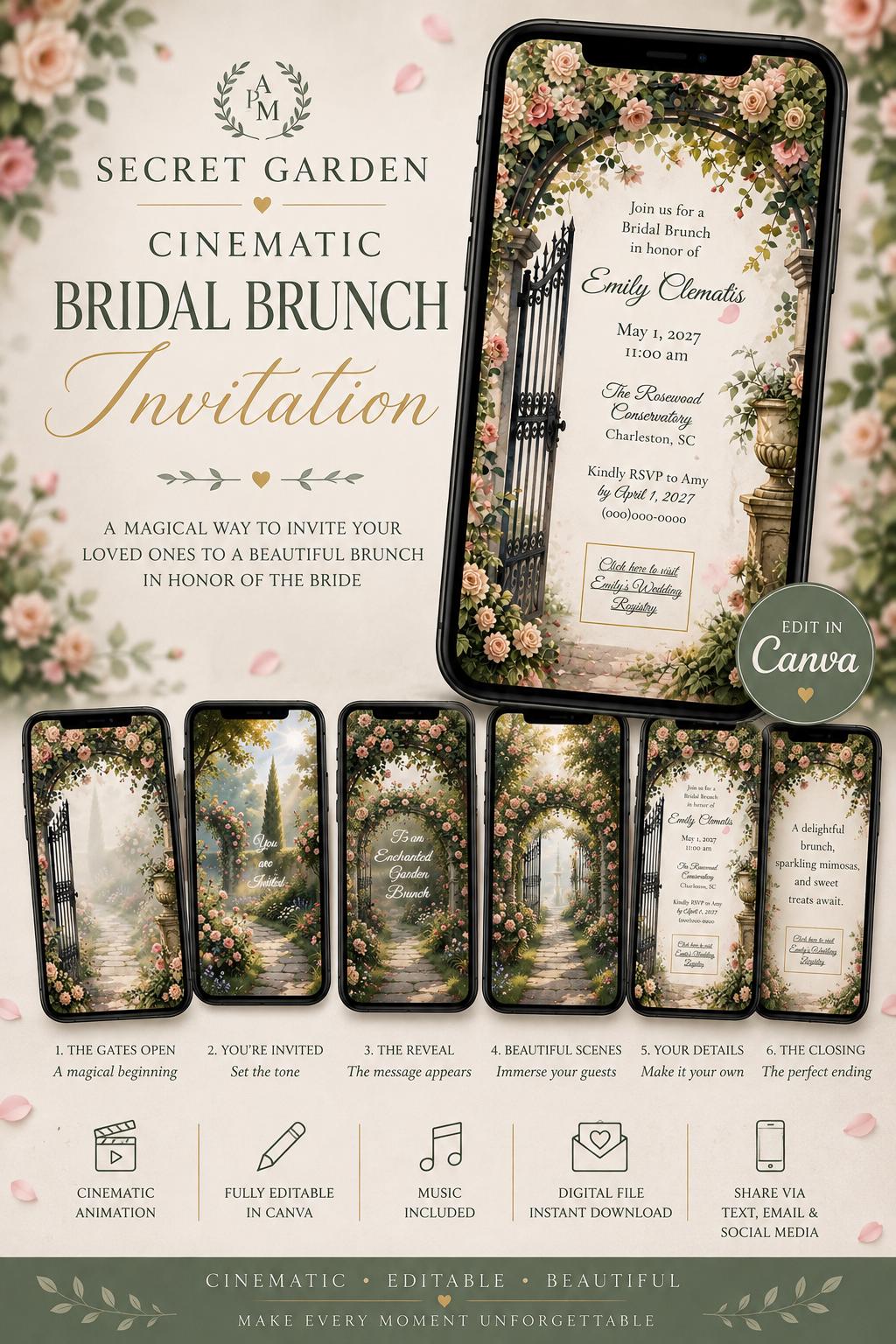 Cinematic Secret Garden Bridal Brunch Invitation | Animated Canva Template | Instant Download