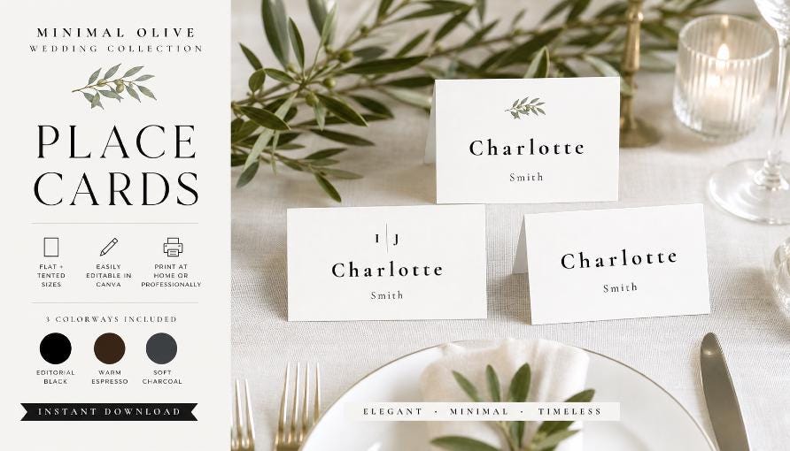 Editable Wedding Place Cards Template | Luxury Editorial Place Cards | Minimal Wedding Escort Cards | Canva Name Cards | Instant Download