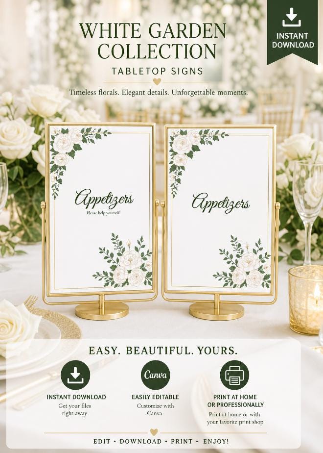 White Garden Wedding Sign Bundle | 33+ Editable Canva Reception Signs | Welcome Signs, Table Numbers & Tabletop Signs | Instant Download