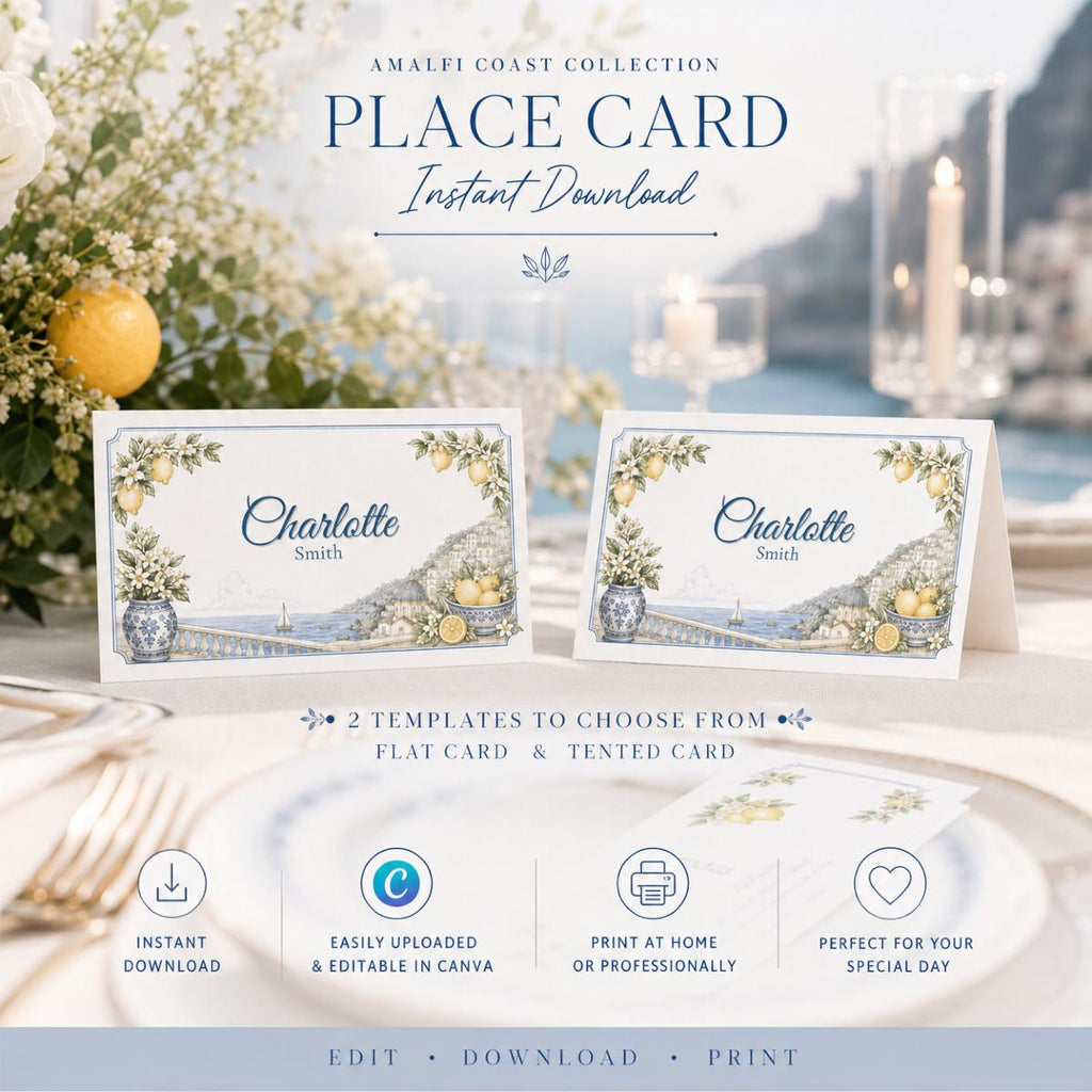 Amalfi Coast Wedding Place Cards | Editable Canva Place Card Template | Flat & Folded Tent Cards | Mediterranean Wedding | Instant Download