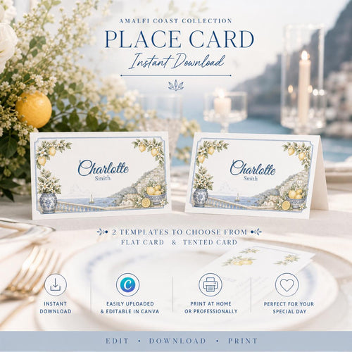 Amalfi Coast Wedding Place Cards | Editable Canva Place Card Template | Flat & Folded Tent Cards | Mediterranean Wedding | Instant Download