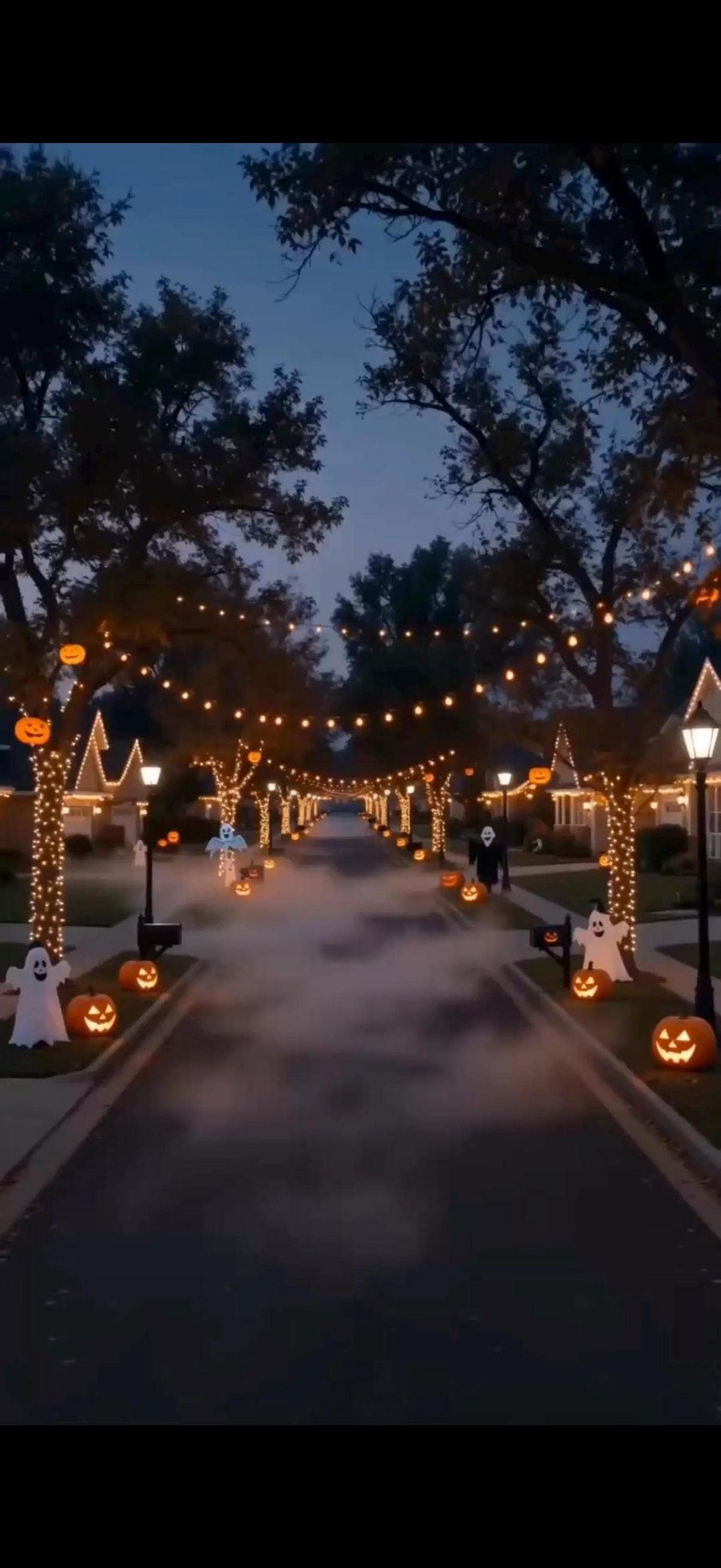 A street at dusk is decorated for Halloween with glowing pumpkins, string lights, and ghost figures along the sidewalks, with a misty fog in the middle of the road.