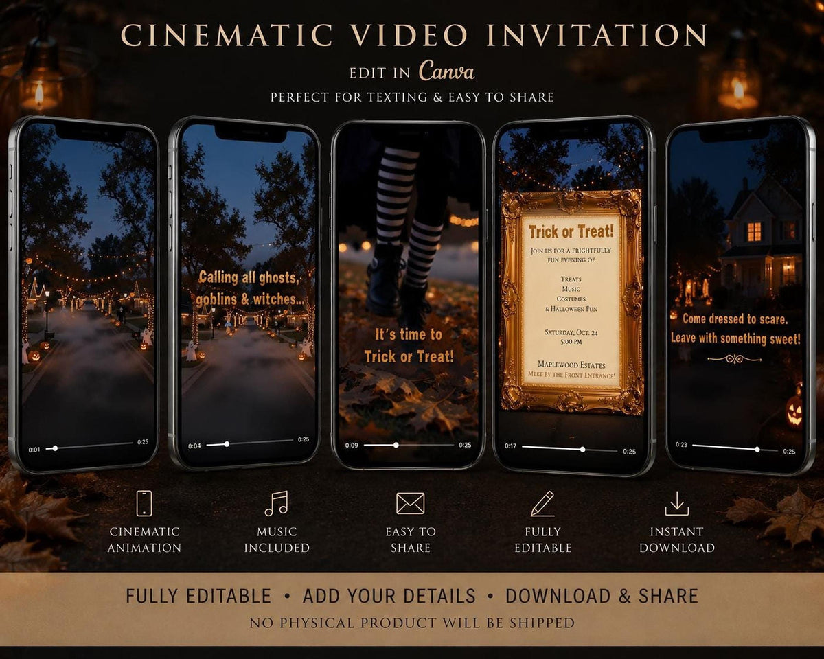Five smartphone screens in a row display different scenes from a Halloween party invitation video, including a spooky street, a witch's legs, and a golden invitation card, with text "Cinematic Video Invitation, Editable in Canva" above.
