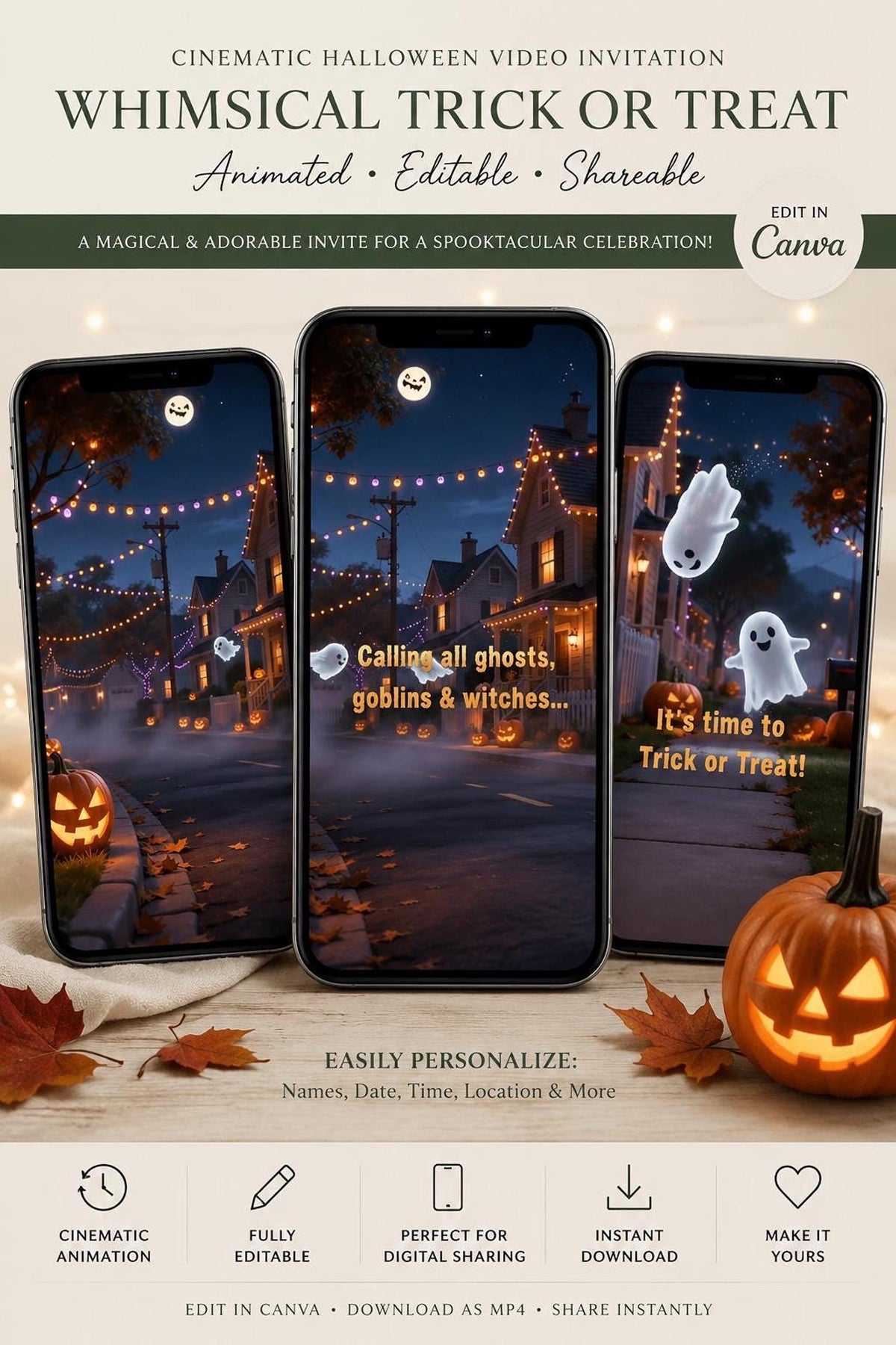 Three smartphones show an animated Halloween invitation with a street scene featuring ghosts and pumpkins, with text "Cinematic Halloween Video Invitation, Whimsical Trick or Treat" above, and a carved pumpkin and leaves below.