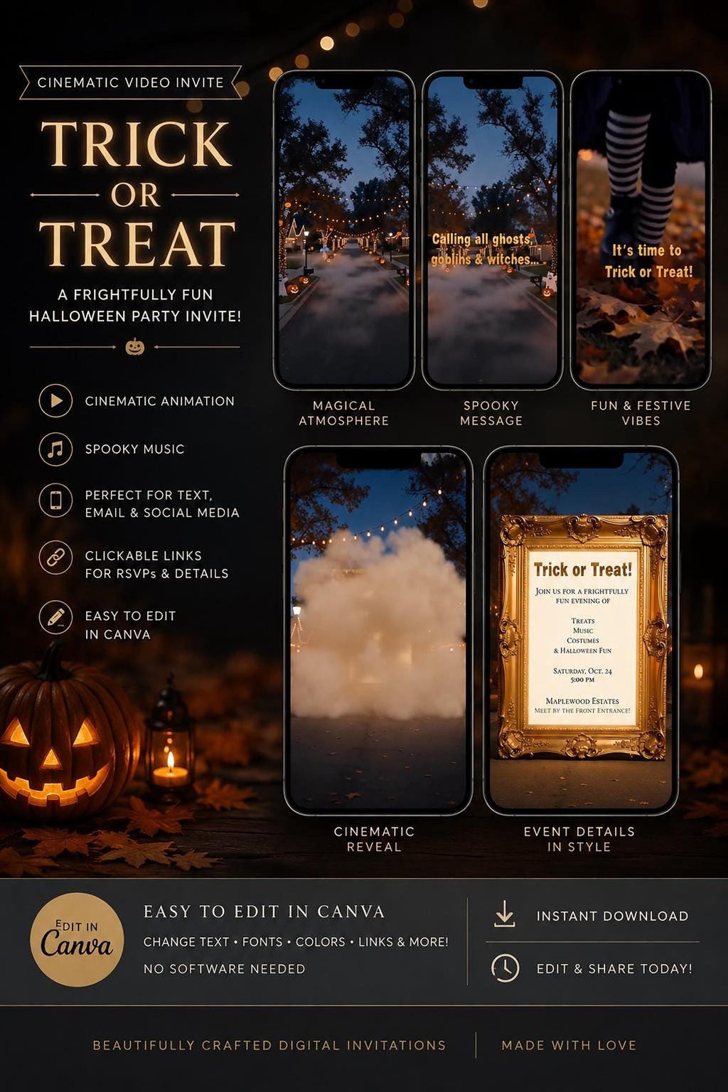 A smartphone displays a Halloween party invitation with text "Trick or Treat, A Frightfully Fun Halloween Animation!" and five small screens showing different animated scenes, with a carved pumpkin and lantern beside it.