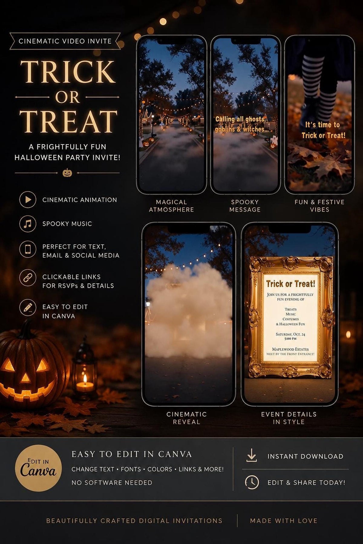 A smartphone displays a Halloween party invitation with text "Trick or Treat, A Frightfully Fun Halloween Animation!" and five small screens showing different animated scenes, with a carved pumpkin and lantern beside it.