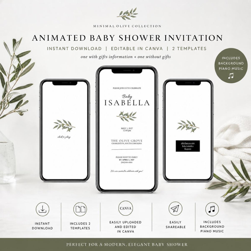 Minimal Olive Baby Shower Invite | Animated Canva Baby Shower Invitation | Editorial Baby Shower Template | Instant Download